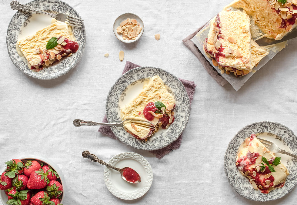 Semifreddo cake with almond praline and strawberry jam