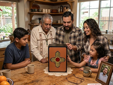 Zia Eternal handcrafted memorial urn featuring a gold Zia symbol with a red center on a warm Southwest earth-tone background.