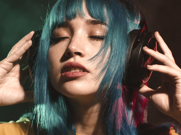 gatrota de cabelo azul ouvindo musica no headphone
