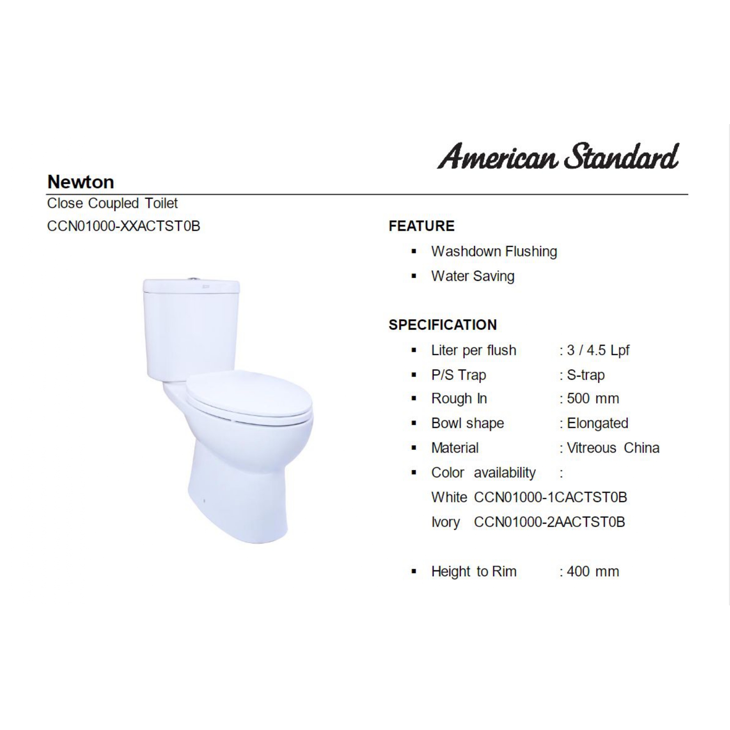 American Standard Toilet Duduk OD1 / B1A CCST Set White – Dual Flush + Tutup Closet Slow Closing B1060