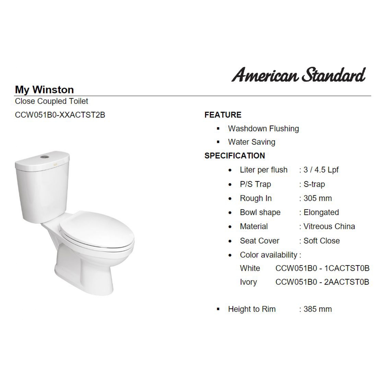 American Standard My Winston CCST Toilet White – Single Flush + Tutup Closet Slow Closing B1060