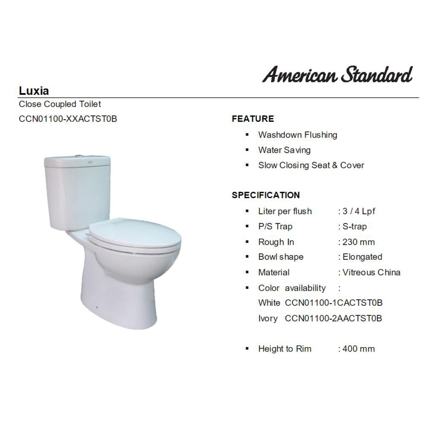 American Standard Luxia Dual Flush CCST Toilet – Single Flush + Tutup Closet Slow Closing B1060