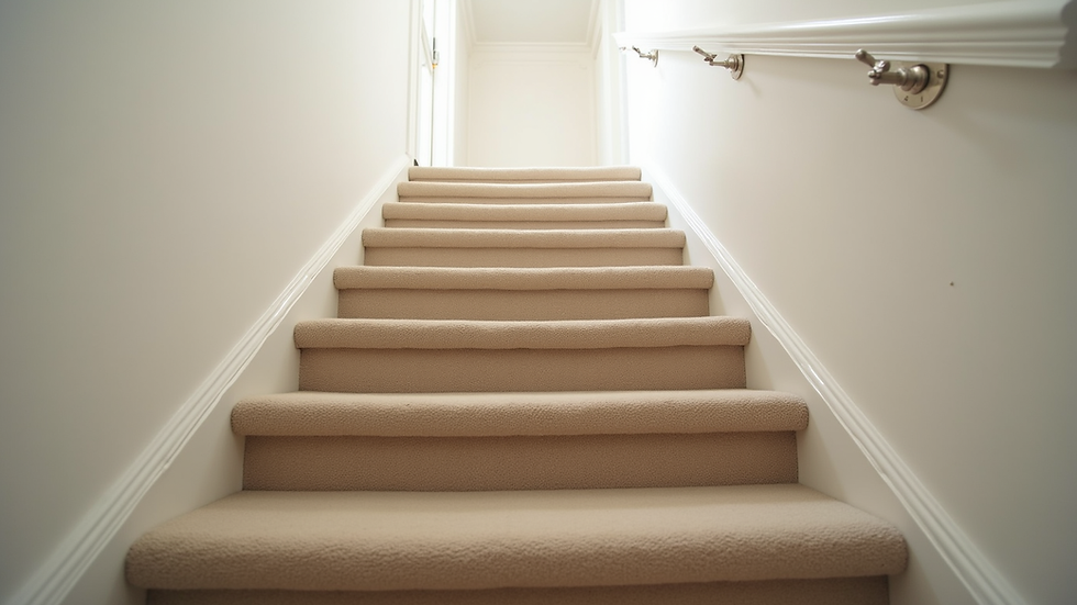 Eye-level view of carpeted stairs with beige carpet and white railing