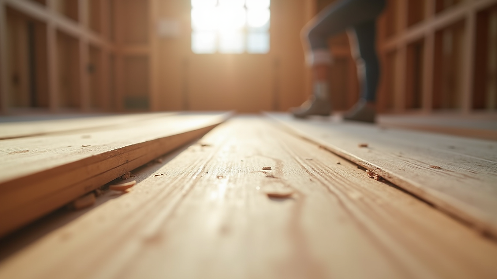 Eye-level view of hardwood planks being installed on a subfloor