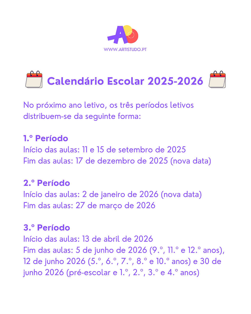 Datas do início e do fim dos períodos letivos 2024/20025