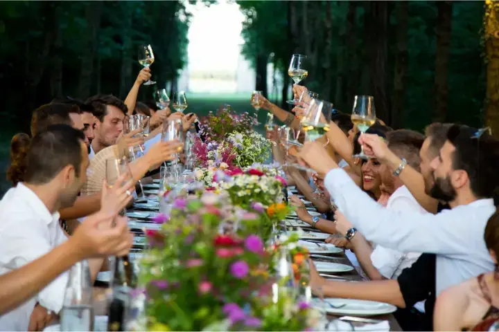 Wedding guests raising glasses at a long outdoor dinner table organized by a day of wedding coordinator.