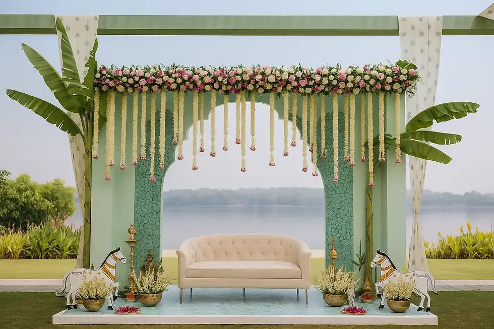 Wedding themes Sri Lanka02- Elegant wedding stage with a floral arch of pink and white flowers, cream sofa, horse statues, green draping, and a lake backdrop.