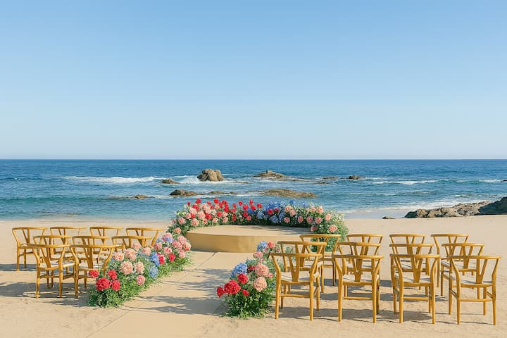 Wedding Themes Sri lanka03- Chairs face a beach altar adorned with colorful flowers. Ocean waves crash in the background under a clear blue sky, creating a serene ambiance.