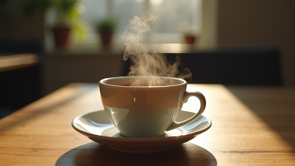 Eye-level view of a steaming cup of black tea on a wooden table