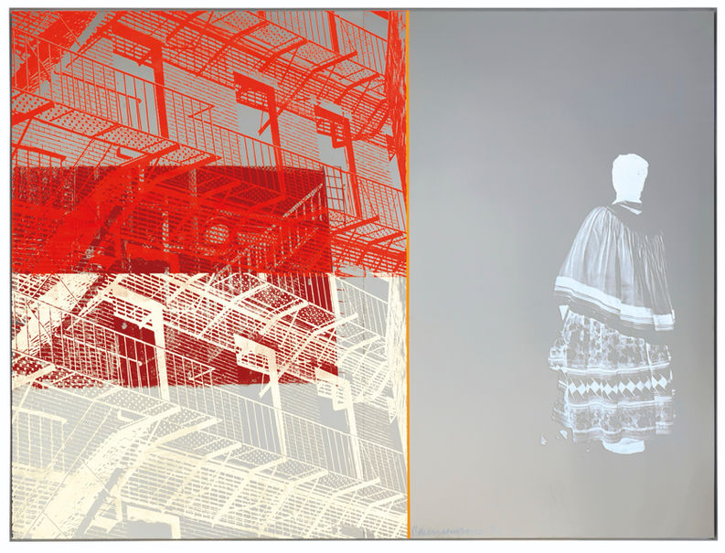 Robert Rauschenberg diptych: red abstract forms, solitary figure