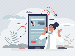 A person excitedly interacts with a large digital tablet displaying a pharmacy directory entry.