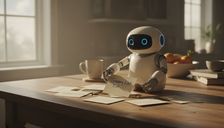 Wide-angle view of a small household robot sorting handwritten task cards on a wooden kitchen table.