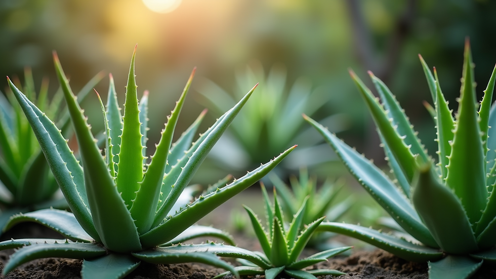 Wide angle view of diverse Aloe vera plants in a garden