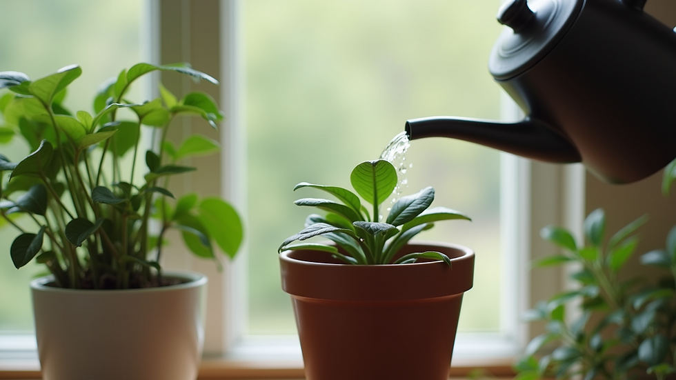 Eye-level view of a potted plant being watered indoors