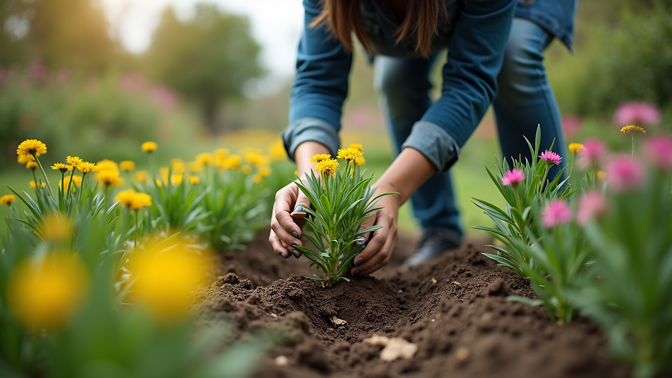 Eye-level view of a gardener transplanting perennials