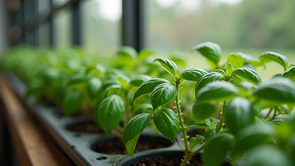 Close-up view of healthy basil plants growing in a container