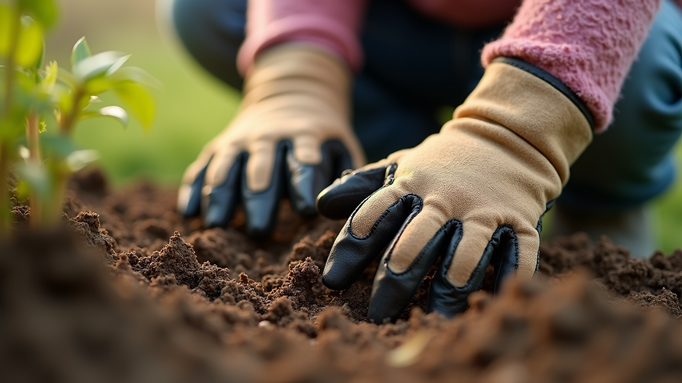 Close-up view of a child’s hand wearing claw gloves digging in garden