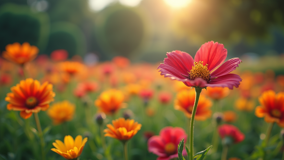 Wide angle view of a vibrant garden filled with colorful flowers