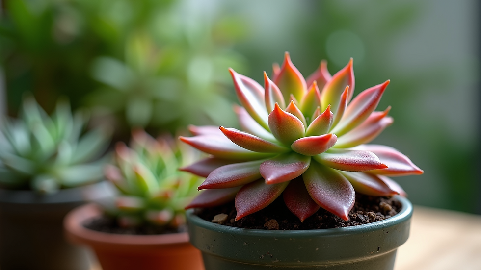 Eye-level view of vibrant succulents in a pot