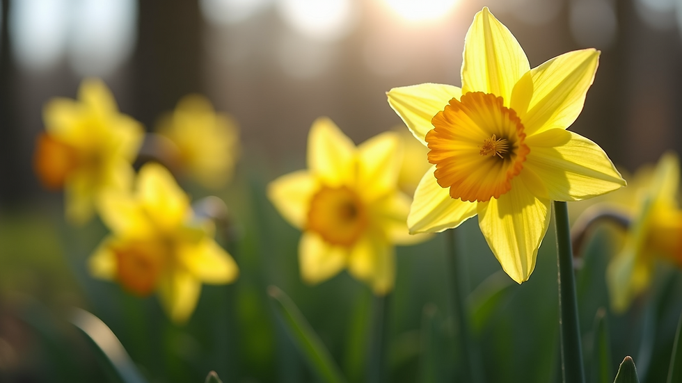 Eye-level view of blooming daffodils in a garden