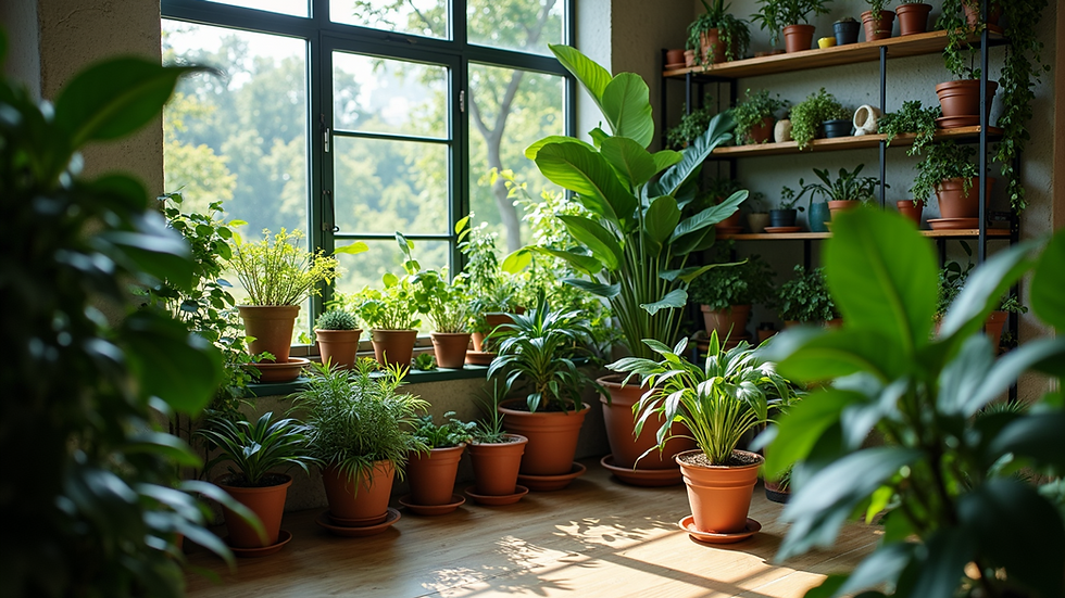 High angle view of a lush indoor garden with various houseplants