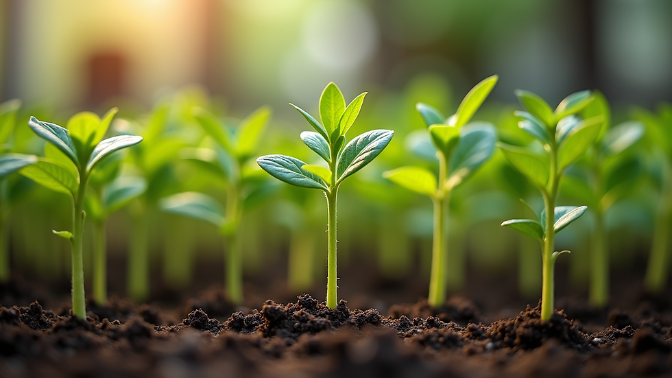 High angle view of seedlings in a small indoor garden setup