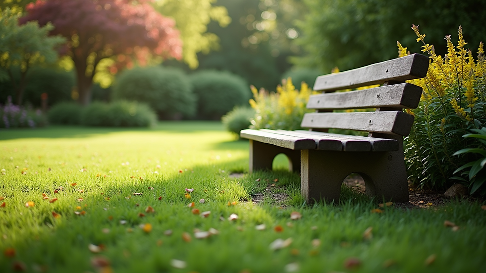 Eye-level view of a peaceful garden with a bench for relaxation