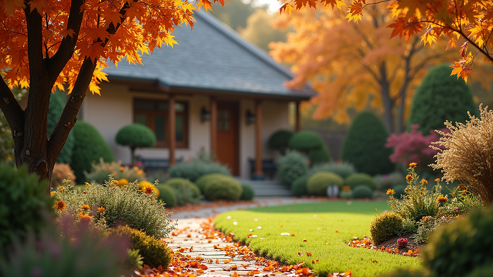 Wide angle view of a well-maintained fall garden with attractive decor