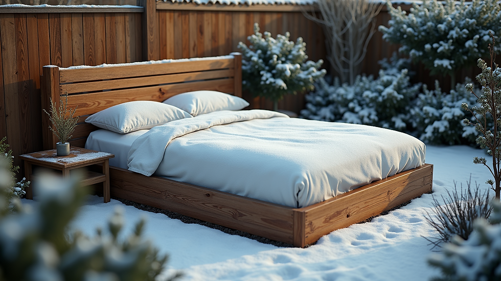 High angle view of a winter-ready garden bed with protective covers