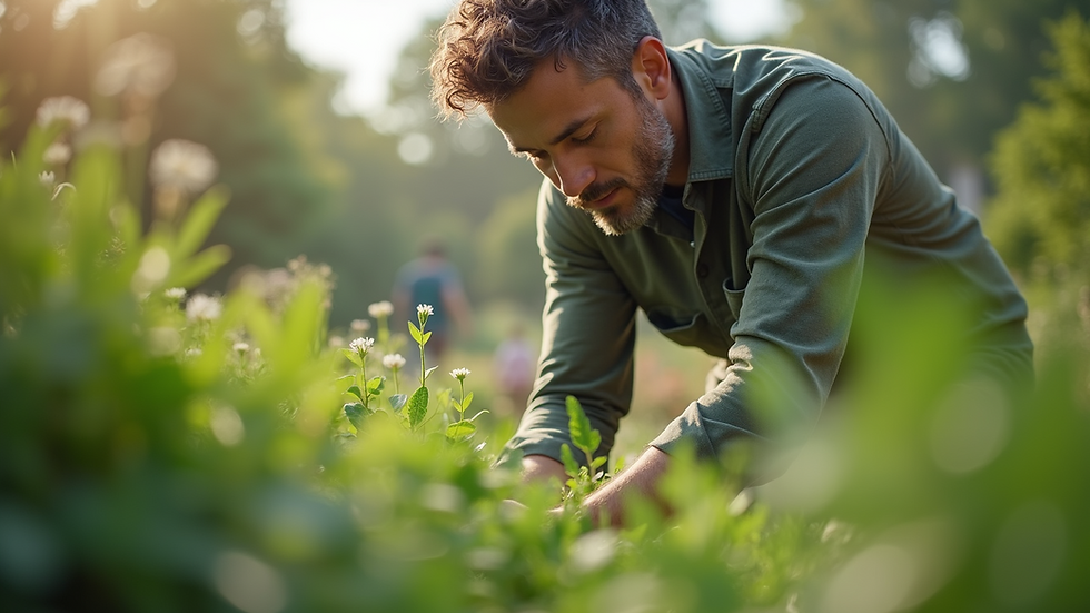 Eye-level view of a gardener examining plants