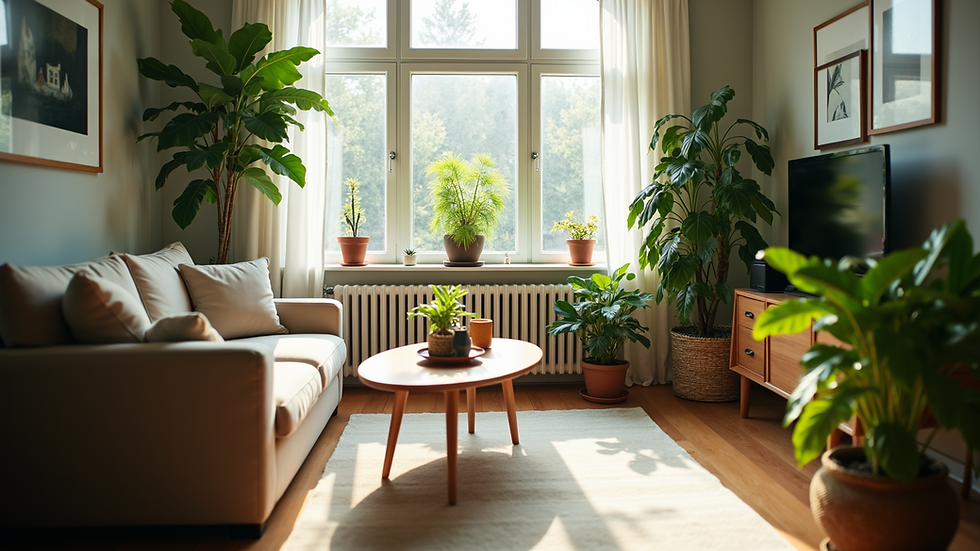 Eye-level view of a cozy living room filled with various indoor plants