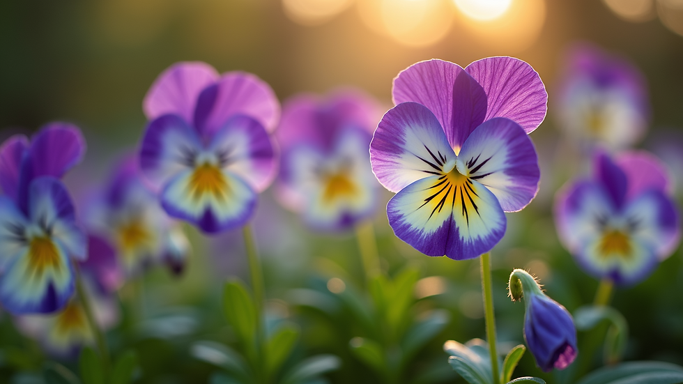 Close-up view of pansies in a garden bed