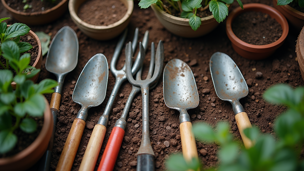 High angle view of an assortment of gardening tools