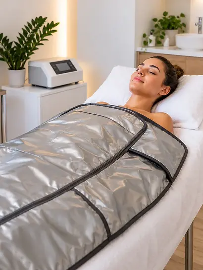 Cliente allongée sous une couverture de thermosudation dans une salle de soin