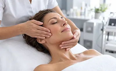 Une praticienne réalise un massage Kobido sur les joues et le contour du visage d’une cliente allongée.