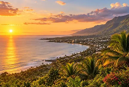 Illustration d’un paysage côtier tropical au coucher du soleil.