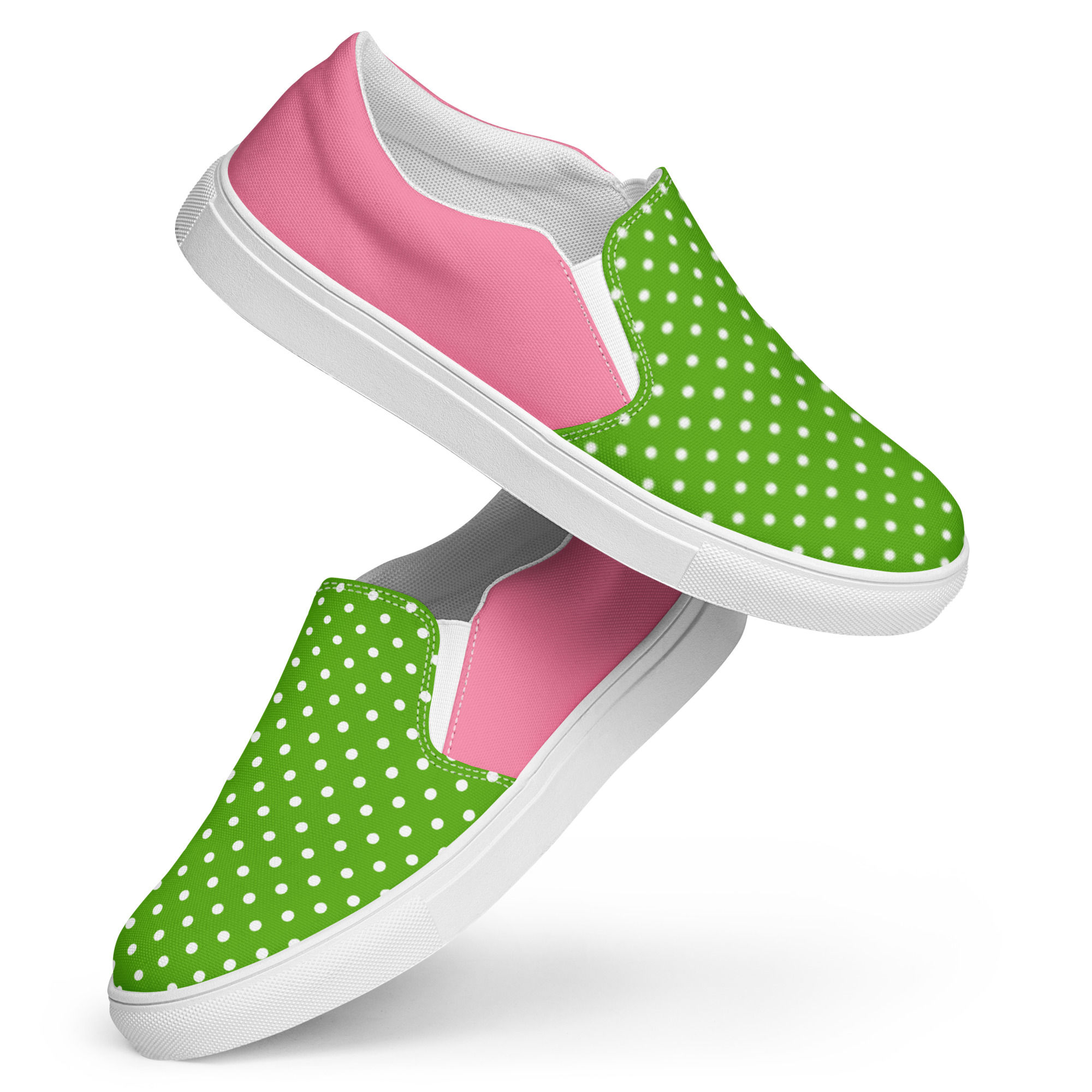 Pink and Green Polka Dot Women’s Slip-On Canvas Shoes