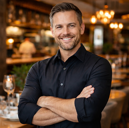 Smiling man with arms crossed in restaurant