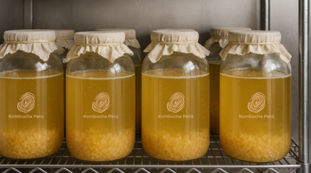 frascos con tibicos de kefir de agua almacenados en anaquel de acero