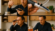 una persona usando un refractómetro para medir los grados brix de su kombucha