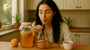 Mujer probando su kombucha en la cocina