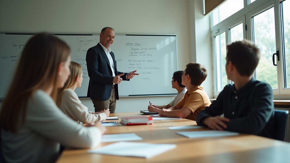 Eye-level view of a teacher engaging with students in a modern classroom