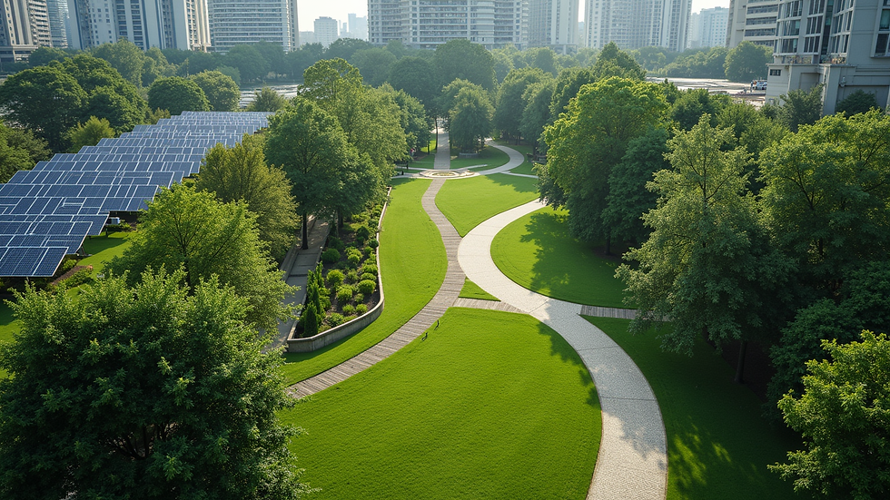High angle view of a green urban park with solar panels and walking paths