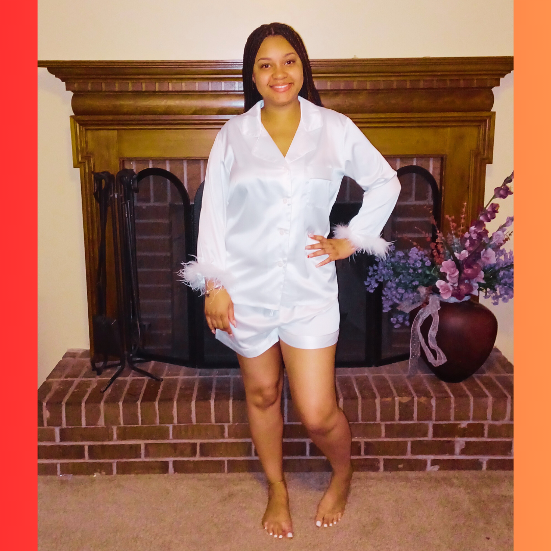 White Feather Trim Pajama Shorts Set