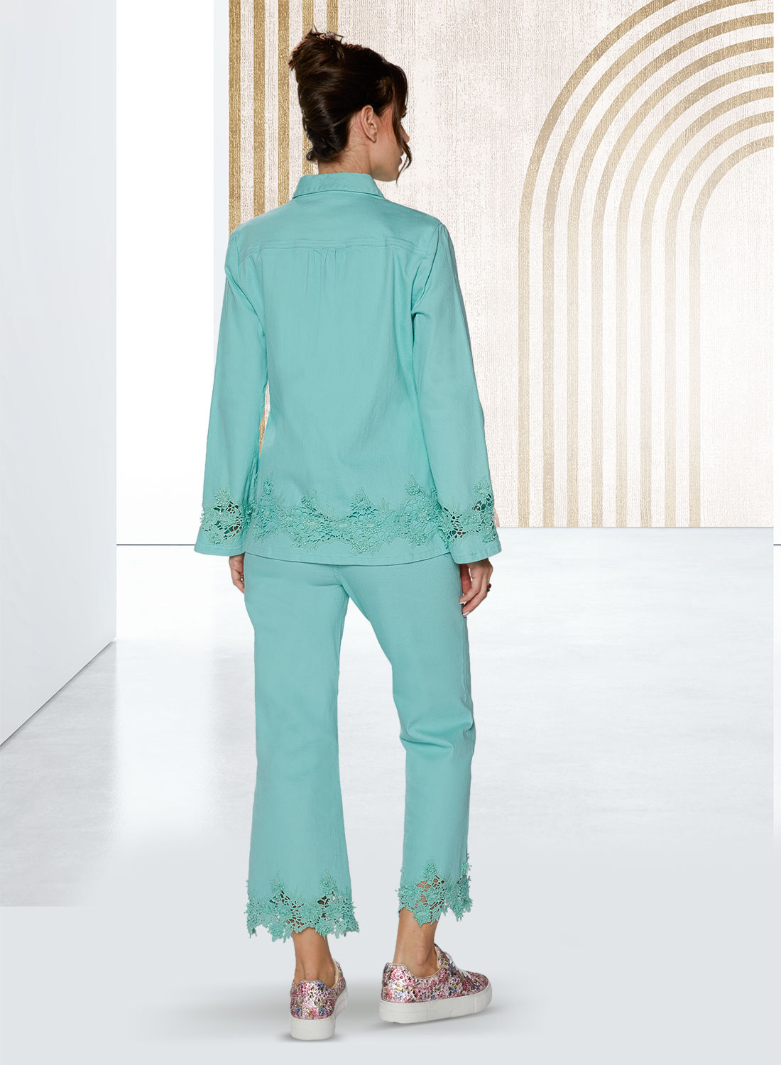 Mint Flower Lace Appliqué  2PC Jacket & Jeans Set