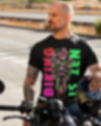 Model in black t-shirt with 'Biking is Zen' graphics