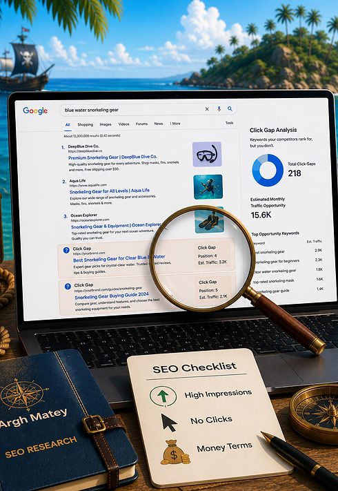 SEO click gap analysis illustration with Google search research and keyword opportunity tracking.