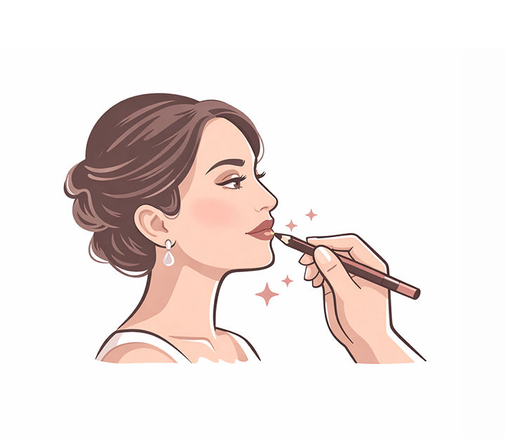 Illustration of a makeup artist touching up a finished lip look for wedding day services.