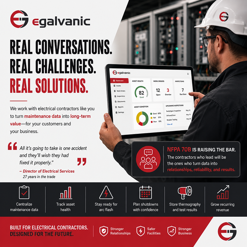 Electrical contractor using Egalvanic maintenance management software to track asset health, inspections, work orders, and NFPA 70B compliance data.