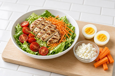 Nutritious salad with grilled chicken, carrots, and hard boiled eggs.